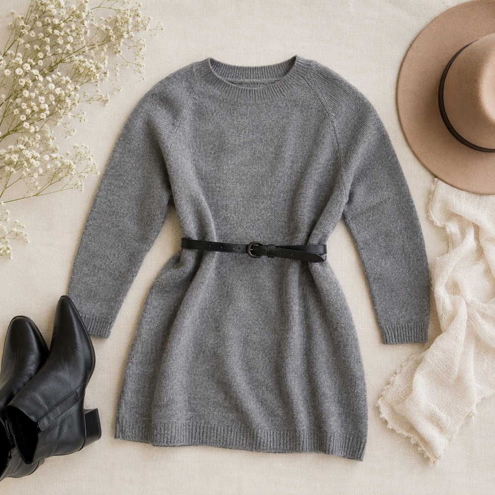 ST Studio Sweater Dress Womens XS Grey Mohair Wool Blend Oversized Fluffy Knit
